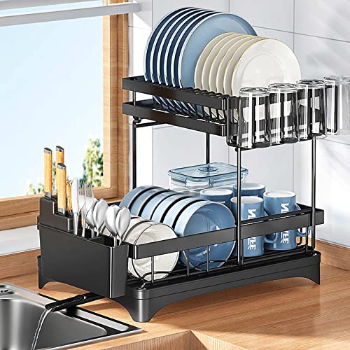MEIJIA 2 Tier Dish Drying Rack with Drainboard Stainless Steel Large Dish Racks for Kitchen Counter with Utensil Holder & Cup Holder