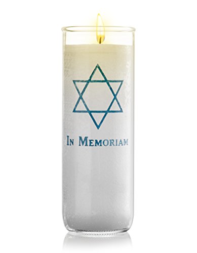 Memorial Candle Yartzeit Candle with Star of David in Glass - White Paraffin Wax Candle Burning Time 7 Days