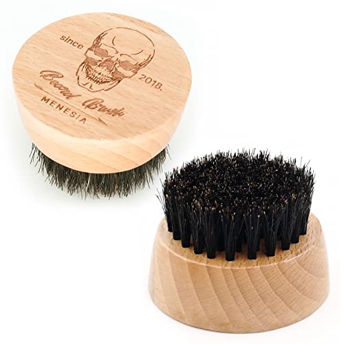 Menesia Boar Bristle Hair Beard Brush for Men, Small and Round Beard Brush, Pocket Travel Men's Wooden Mustache Brush (Skull)