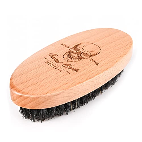Menesia Boar Bristle Hair Beard Brush for Men, Small Soft Beard Brush, Pocket Travel Men's Wooden Mustache Brush (Skull)