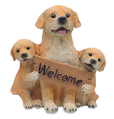 MeritMode Garden Dog Welcome Statue Hand-Painted Golden Retriever Figurine Three Puppies