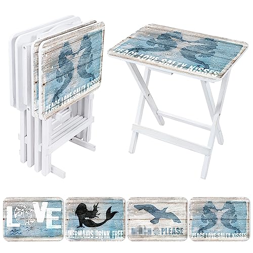 Mermaid Coastal Classic TV Trays for Eating Set of 4 with Stand