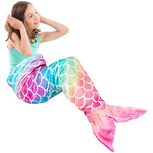 Mermaid Tail Blanket - Plush Mermaid Wearable Blanket for Girls Teens All Seasons Soft Flannel Snuggle Blanket Mermaid Scale Sleeping Bag 55" x 24" (Rainbow)