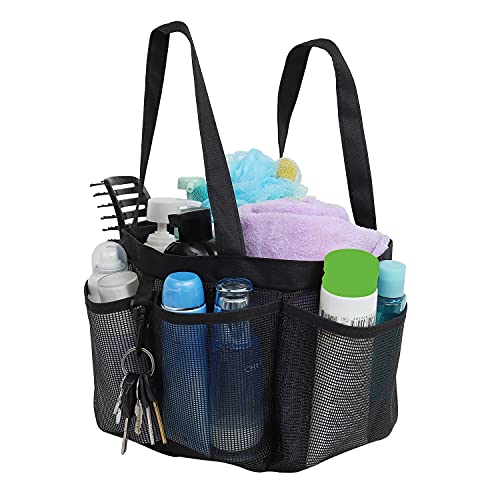 Mesh Shower Caddy Portable for College Dorm Room Essentials, Hanging Large Shower Tote Bag Toiletry Organizer with Key Hook for Bathroom Accessories(black)