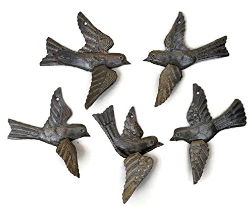 Metal Birds Wall Decorations, Set of 5 3D Wings, Small Hanging Birds, Decorative Indoor Outdoor Chirping Birds, Handmade in Haiti 5 x 4.5 Inches