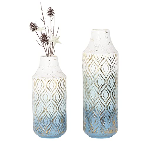 Metal Large Vase Set - Elegant Blue & Gold Geometric Pattern