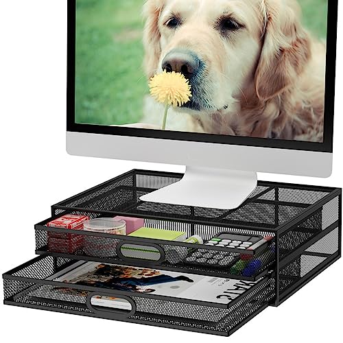 Metal Mesh Monitor Stand Riser with Drawer