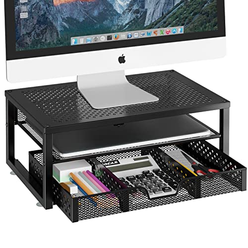 Metal Monitor Stand Riser with Drawer - Black