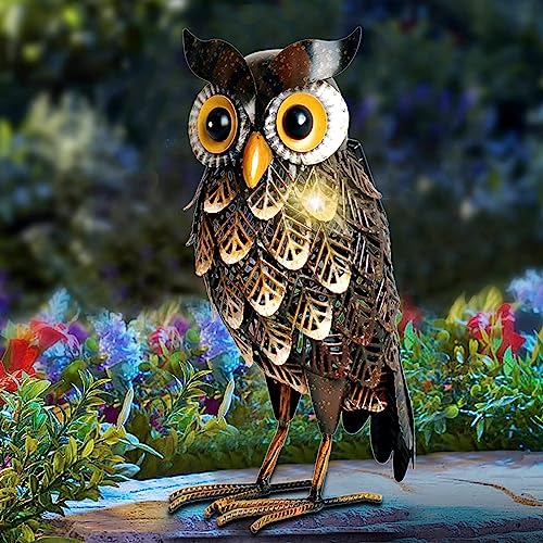 Metal Owl Yard Art with Solar LED Lights