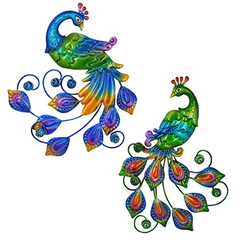 Metal Peacock Bird Wall Art - Set of 2