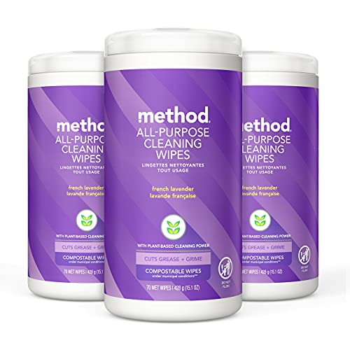 Method All-Purpose Cleaning Wipes, French Lavender, Multi-Surface, Compostable, 70 Count, (Pack of 3)