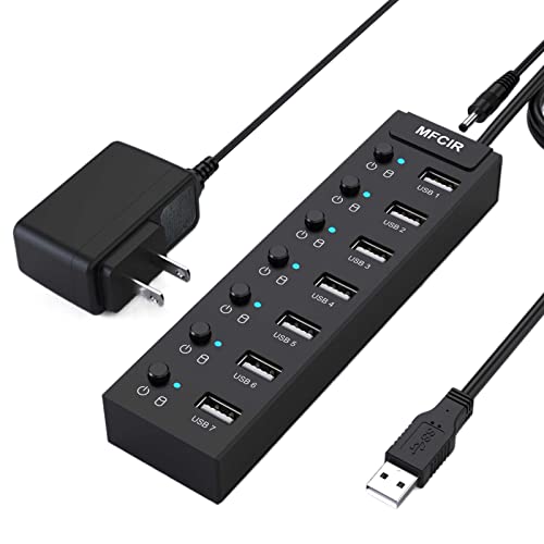 Mfcir 7-Port Powered USB Hub with Switches and Power Adapter