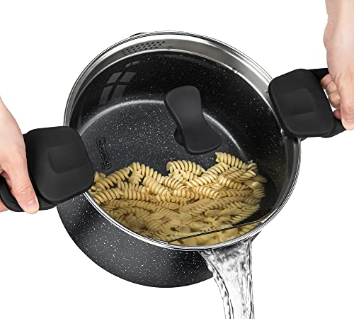 MICHELANGELO Pasta Pot with Strainer Lid, 6 Quart Stock Pot with Twist and Lock Handles, Nonstick Soup Pot with Granite Coating, Spaghetti Pot Induction Compatible, Black