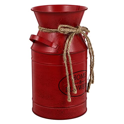 Milk Can Rustic Metal Vases Shabby Chic Milk Jug Vase with Rope French Rustic Bucket Retro Style Dried Flower Vase for Wedding Party Farmhouse Decor (Red)
