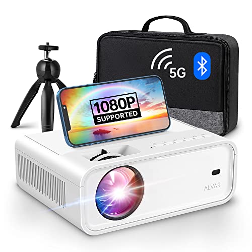 Mini Projector with 5G WiFi and Bluetooth W/Tripod & Bag, ALVAR 9000 Lumens Portable Outdoor Movie Projector 240" Display & 1080P Supported, Compatible with TV Stick/HDMI/VGA/USB/iOS & Android