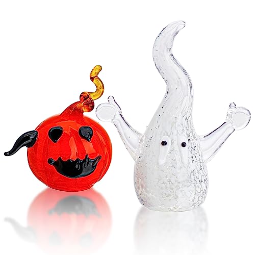 Miniature Blown Glass Pumpkin Halloween Ghost Figurine Set Decor