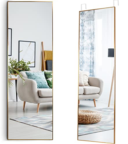 Mirrotek - Full Length Adjustable Over The Door Mirror Gold Aluminum Finish - Hanging Mirror Full Length - Instant Install Long Full Body Mirror for Bedroom, Dorm Room