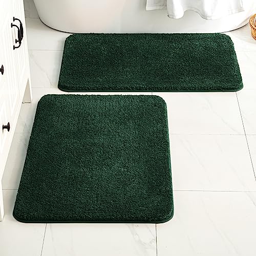 MIULEE Dark Green Bathroom Rugs Set 2 Piece, Non Slip Bath Mat with Absorbent Microfiber, Ultra Soft Thick Rugs for Bathroom Floor Tub Shower, Machine Washable (16 x 24 Inches)