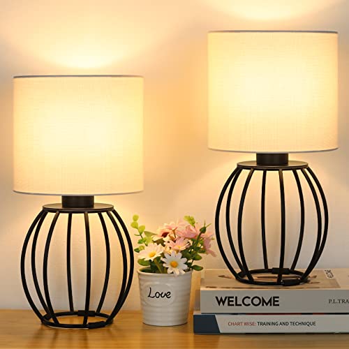 Modern Bedside Nightstand Lamps with White Fabric Shade and Black Metal Base