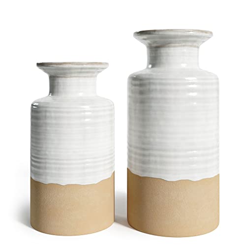 Modern Farmhouse Decor - Set of Two Matching Tan Vases for Home Decor