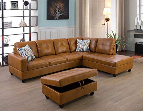 Modern L-shaped Leather Sectional Sofa Set with Ottoman & Pillows