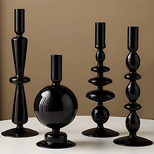 Modern Style Black Glass Candle Holder Set