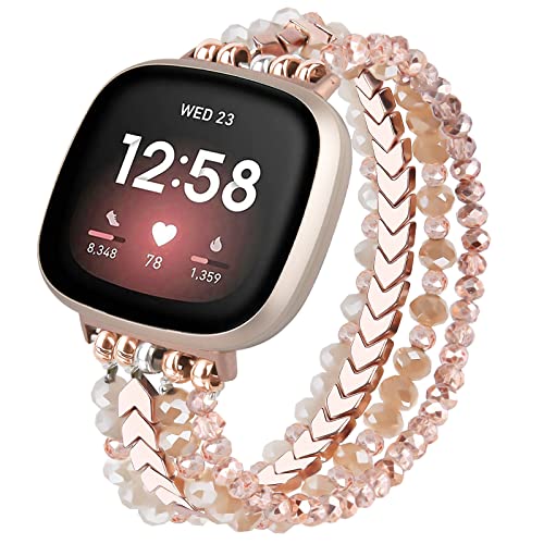 MOFREE Bracelet Compatible with Fitbit Versa 3/Fitbit Sense Bands for Women Girls, Handmade Fashion Elastic Beadeds Arrows Strap Replacement for Fitbit Versa 3 Smartwatch (Rose Gold)