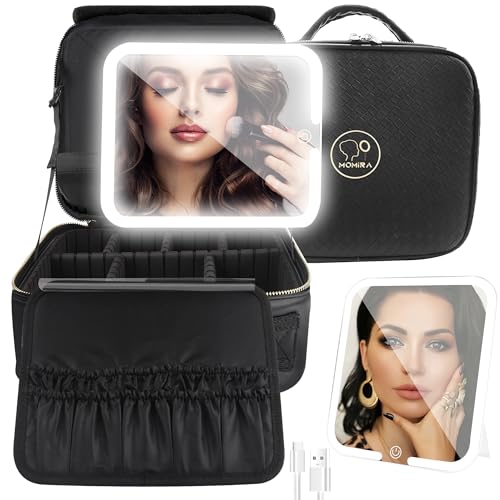 MOMIRA Makeup Train Case Makeup Bag with Light up Mirror Cosmetic Bag Organizer Detachable Portable Travel Makeup Case with Adjustable Dividers Makeup Brushes Storage, Waterproof,Black&woven