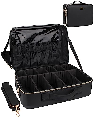 MONSTINA Large Makeup Travel Case Bag,Professional Makeup Artist Train Case with Brush organizer,Large Capacity Cosmetic Bag with Zipper Pocket and Adjustable Compartment（PU Leather Black）