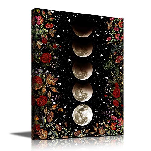 Moon Wall Decor - Black and White Moon Phase Flower Canvas Wall Art