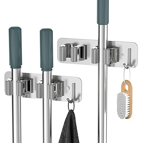 Mop Broom Holder Wall Mounted SUS304 Stainless Steel, HOMEASY Mop Broom Organizer with 2 Installation Methods (No Drilling & Screw Drilling Installation 2 In 1), Mop Hanger Heavy Duty with Hooks, 2PCS (Silver)