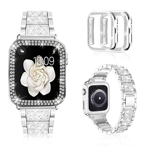 Mosonio Compatible with Apple Watch Band 44mm with Case Women, Jewelry Replacement Metal Wristband Strap with 2 Pack Bling PC Protective Cover for iWatch Series 6/5/4(Silver)