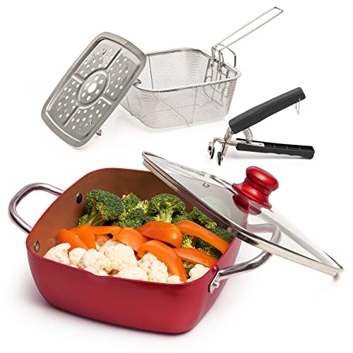 Moss & Stone Copper 5 Piece Set Chef Cookware, Non Stick Pan, Deep Square Pan, Fry Basket, Steamer Tray, Dishwasher & Oven Safe, 5 Quart Copper Pot Set, Red Induction Cookware Set