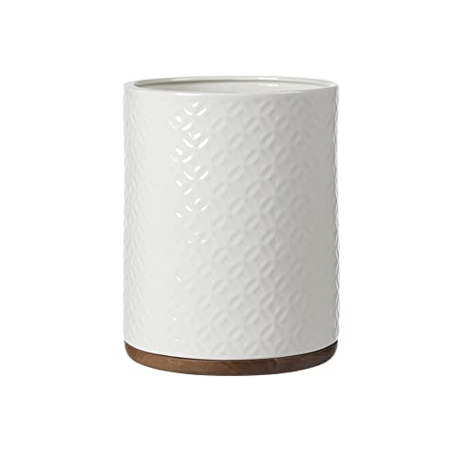 Motifeur Bathroom Wastebasket - Ceramic Decorative Trash Can with Wooden Base (White and Beige)…