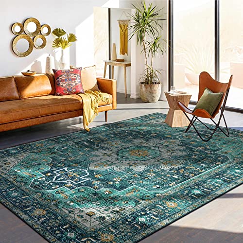 Moynesa Ultra-Thin Vintage Area Rug - 8x10 Teal Bedroom Rug for Living Room Non-Shedding Stain Resistant Playroom Mat, Indoor Printed Persian Floor Carpet for Dining Table Office Decor
