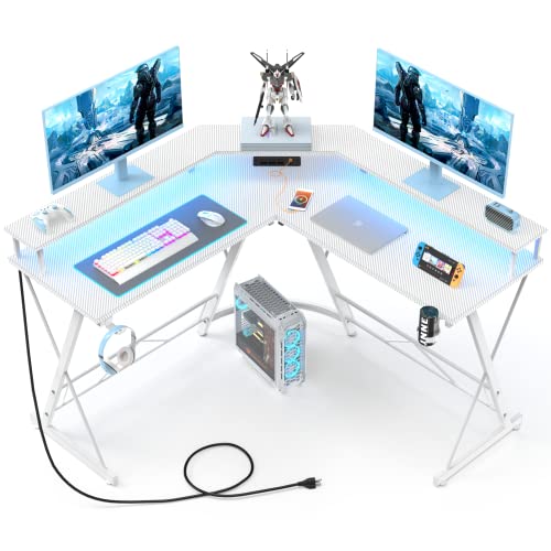 Mr IRONSTONE White Gaming Desk with LED Lights ＆Power Outlet, L Shaped Computer Corner Desk with Cup Holder ＆ Headphone Hook, Carbon Fiber Gaming Desks with Large Monitor Stand, White, 50''