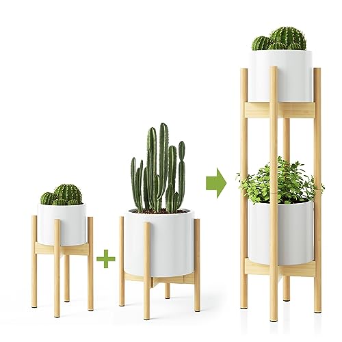 MUDEELA 2 Pack Indoor Plant Stands, 2 Tier Tall Plant Stand 30 inches, Mid Century Bamboo Plant Stand, Adjustable Width 8 - 12 inches, Fits Pot Size of 8 9 10 11 12 inches Pot & Plant Not Included, Natural