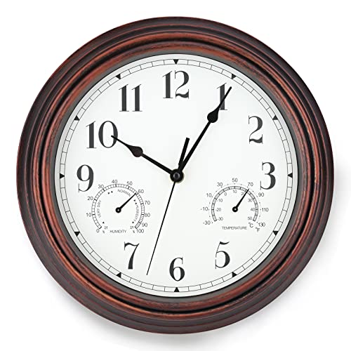 MUMTOP Indoor Outdoor Clock, 12 Inch Outdoor Waterproof Wall Clock with Thermometer and Hygrometer Combo for Patio Home Living Room Decor(Bronze)