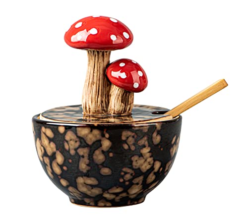 Mushroom Salt Cellar with Lid and Spoon - Ceramic Salt Box with Bamboo Spoon