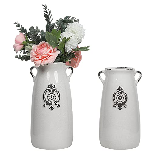 MyGift Antique White Ceramic Flower Vase, Decorative Farmhouse Milk Jug Table Decor, Set of 2