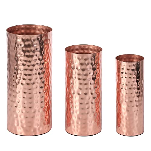 MyGift Modern Hammered Copper Tone Metal Tall Cylinder Flower Vases, Decorative Centerpiece, Set of 3
