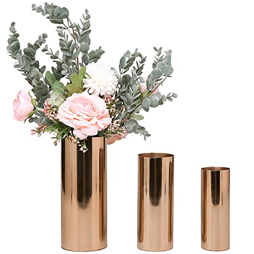 MyGift Tall Modern Copper Tone Metal Vase, Cylinder Wedding Centerpiece Flower Vase, 3 Piece Set - Handcrafted in India