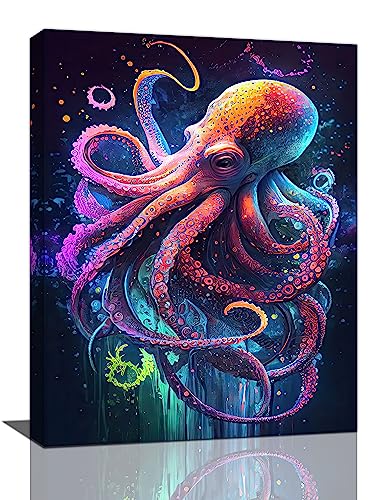 Nautical Octopus Wall Art Ocean Kraken Pictures Wall Decor Canvas Print Colorful Bathroom Painting Artwork Home Decorations For Bedroom Kitchen Office Framed 12"X16"
