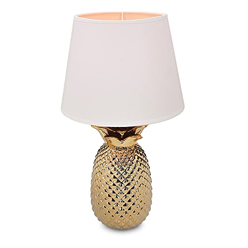 Navaris Gold Pineapple Table Lamp - Mini Lamp 13.8" Tall Light with Ceramic Base for Tables - with E12 Candelabra Bulb Socket - Small, White Shade
