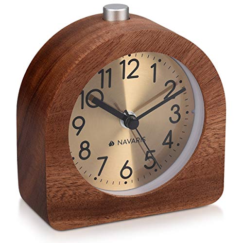 Navaris Wood Analog Alarm Clock - Half-Round Gold Face Battery-Operated Non-Ticking Clock with Snooze Button and Light - Dark Brown
