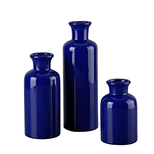 Navy Blue Vase for Decor Set of 3, Ceramic Rustic Vase for Decor, Modern Farmhouse Vase for Bookshelf, Living Room, Office(Royal Undertones)