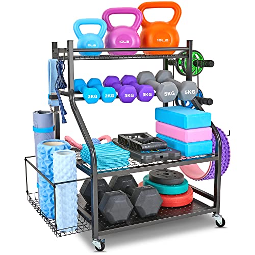 NBTORCH Dumbbell Rack - Weight Rack for Dumbbells, Home Gym Storage Rack for Yoga Mat, Dumbbells and Kettlebells, All in One Workout Equipment Storage with Caster Wheels (Hold Up to 450 Lbs)