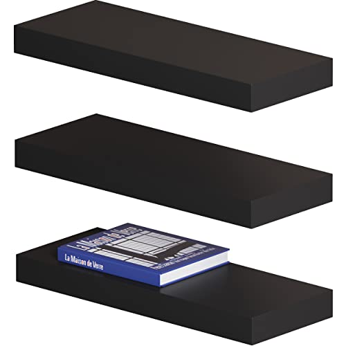 NEATERIZE Floating Shelves Set of 3 | Durable Wall Shelves with Invisible Bracket | Great Shelf for Bathroom, Bedrooms, Kitchen, Office and Living Room Décor. (Black - Small)