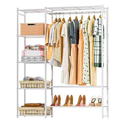 Neprock Clothing Racks for Hanging Clothes with Shelves, Portable Closet System Organizer Garment Rack for Clothes Storage, Metal Free Standing Wardrobe Clothes Organizer