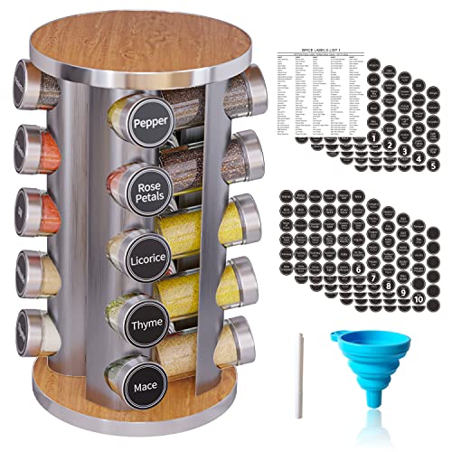 New England Stories Revolving Spice Rack Set with 20 Spice Jars, Kitchen Spice Tower Organizer for Countertop or Cabinet - Carousel Storage Includes 386 Spice Labels